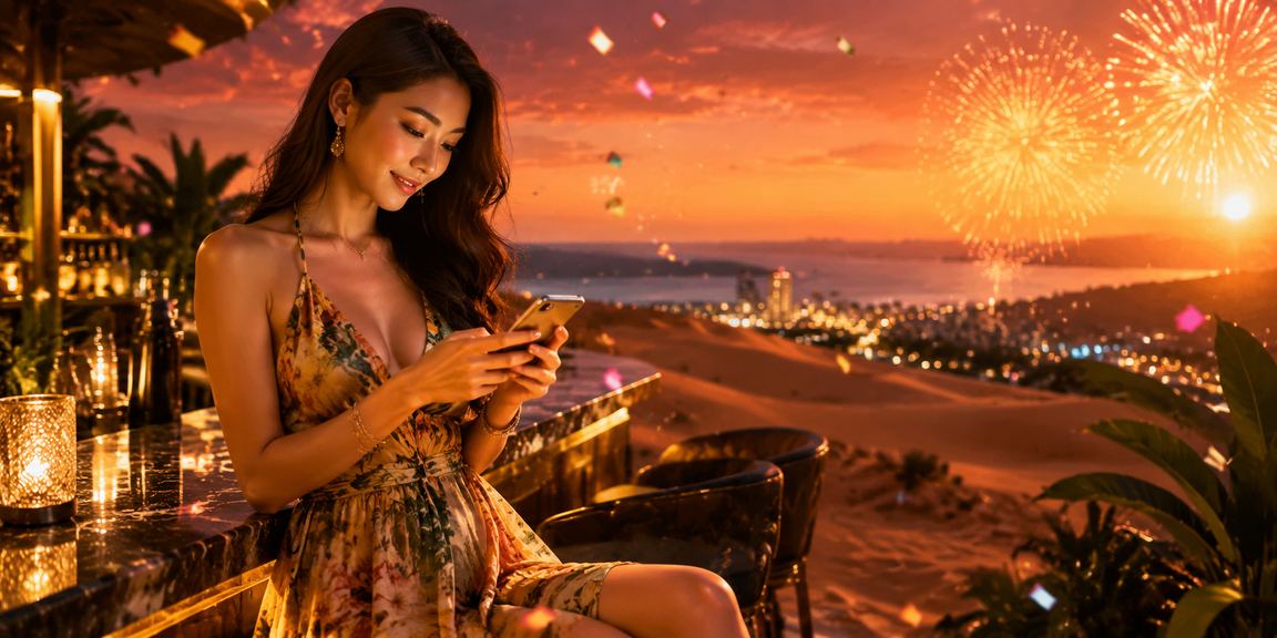 Không khí lễ hội Mũi Né với người chơi tham gia xổ số và giải trí trực tuyến trên mobile